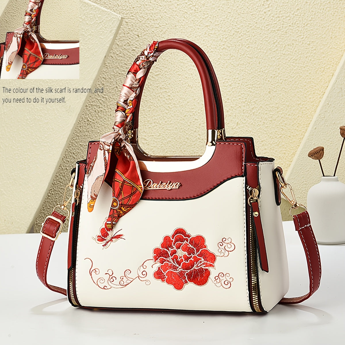 Embroidered Colorful Wo 'S Handbag with Random Scarf Color, Business Spring/Summer Date, Casual Travel, Mother'S Day Gift, Large Capacity, Middle-Aged, Commuting, Contrast Color