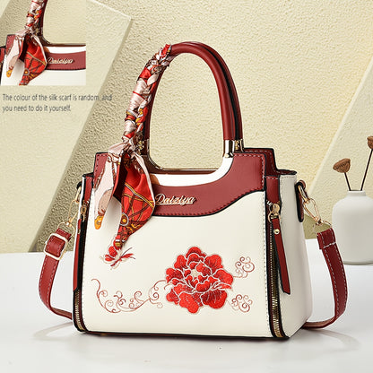Embroidered Colorful Wo 'S Handbag with Random Scarf Color, Business Spring/Summer Date, Casual Travel, Mother'S Day Gift, Large Capacity, Middle-Aged, Commuting, Contrast Color
