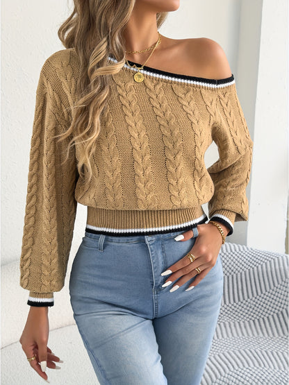 Autumn and Winter Casual Vacation Off-Shoulder Long Sleeve Pullover Sweater with Waist Cinching Striped Cable Stitch Women's Cardigan