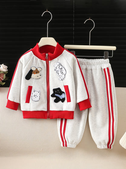 Girls' Spring Jacket and Jogger Set with 3D Cartoon Animals