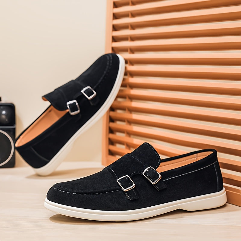 Men's British Style Double Buckle Loafers, Soft Sole Casual Shoes