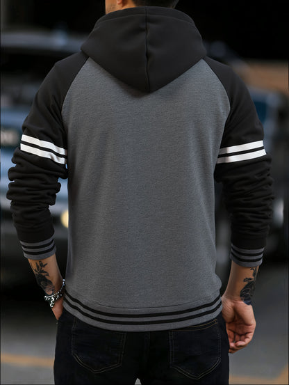Men's 2025 Autumn East New Zipper Hoodie - Black & Grey Color-Block Contrast with White Piping, Full-Zip Closure, Chest Pocket & Adjustable Hood, Casual Streetwear for Teen Boys & Young Men, Durable Everyday Outerwear