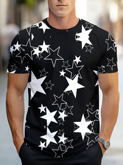 Men's Allover Color Blocking Stars Pattern Short Sleeve Crew Neck T-shirt For Summer, Casual Stylish Tee As Gift