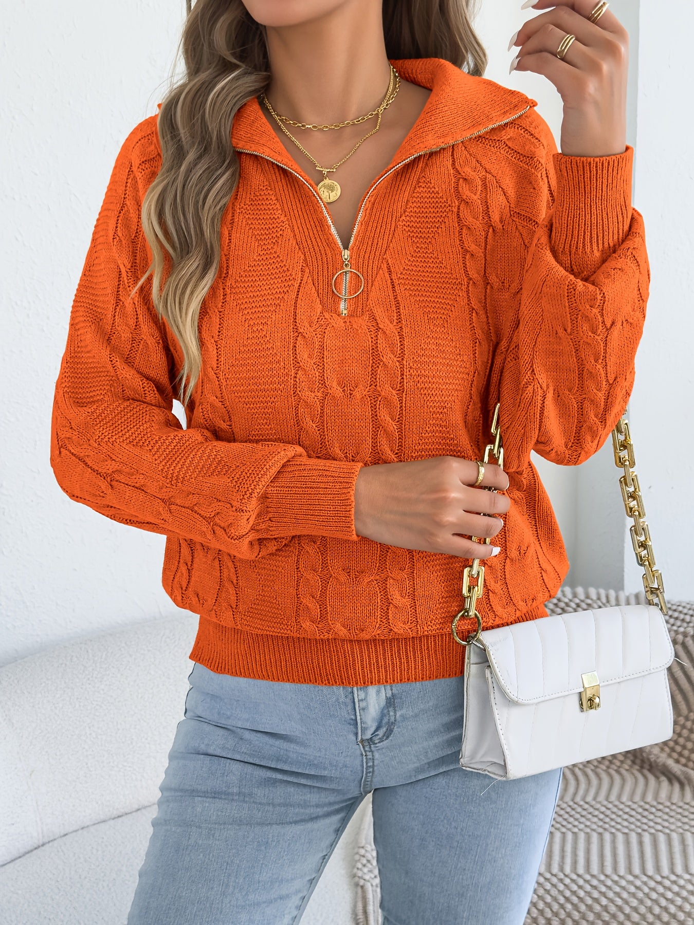 Autumn and Winter Leisure Vacation Pullover Sweater Solid Color Zipper Lapel Women's Sweater