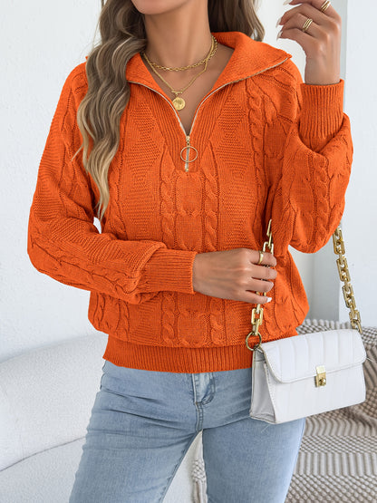Autumn and Winter Leisure Vacation Pullover Sweater Solid Color Zipper Lapel Women's Sweater