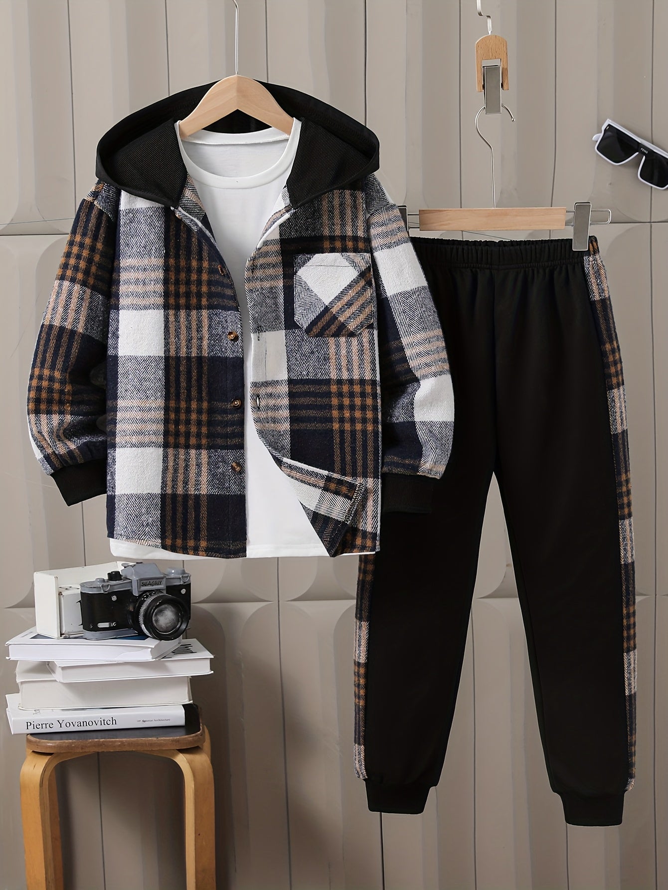 Boys' Fleece Plaid Hooded Long Pants Set, Perfect for Outdoor