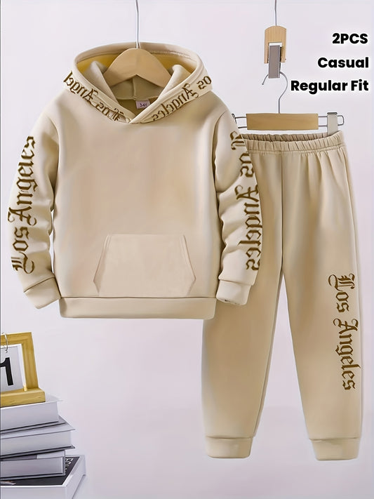 2pcs Boys' Casual Polyester Tracksuit Set, Los Angeles Alphabet Print, Medium Stretch Knit Fabric, Regular Fit, with Fleece-Lined Long Sleeve Hoodie and Joggers, for Daily & Outdoor Wear, Fall/Winter Warmth, for Outdoor