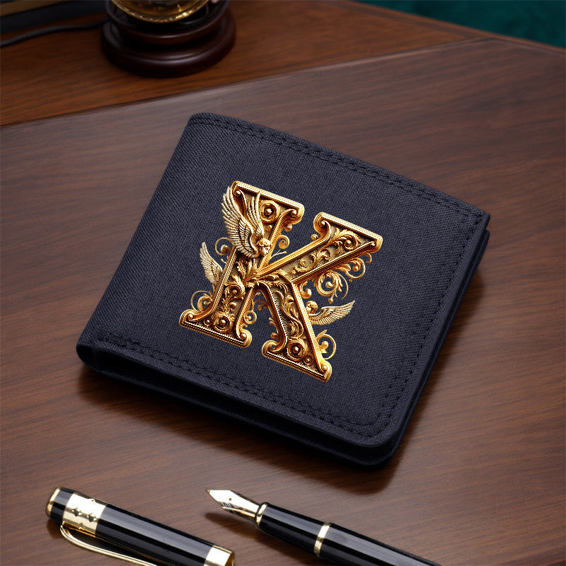 1pc Men's Short Canvas Initial Name Wallet, Zippered Denim Wallet for Men, Plain Ultra-Thin Letter Wallet for Men