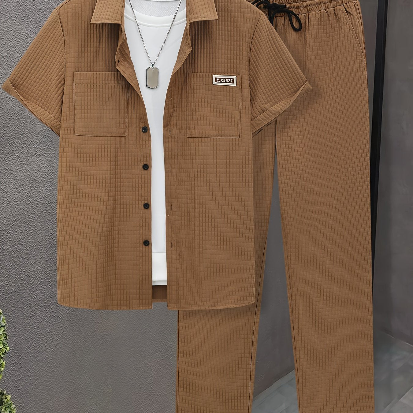 Summer Men'S Casual Bread Pattern Texture Short Sleeve Long Pants Shirt Set, 100% Polyester, Double Pocket Shirt, Turnover Woven Top Can Be Machine Washed and Dry Cleaned