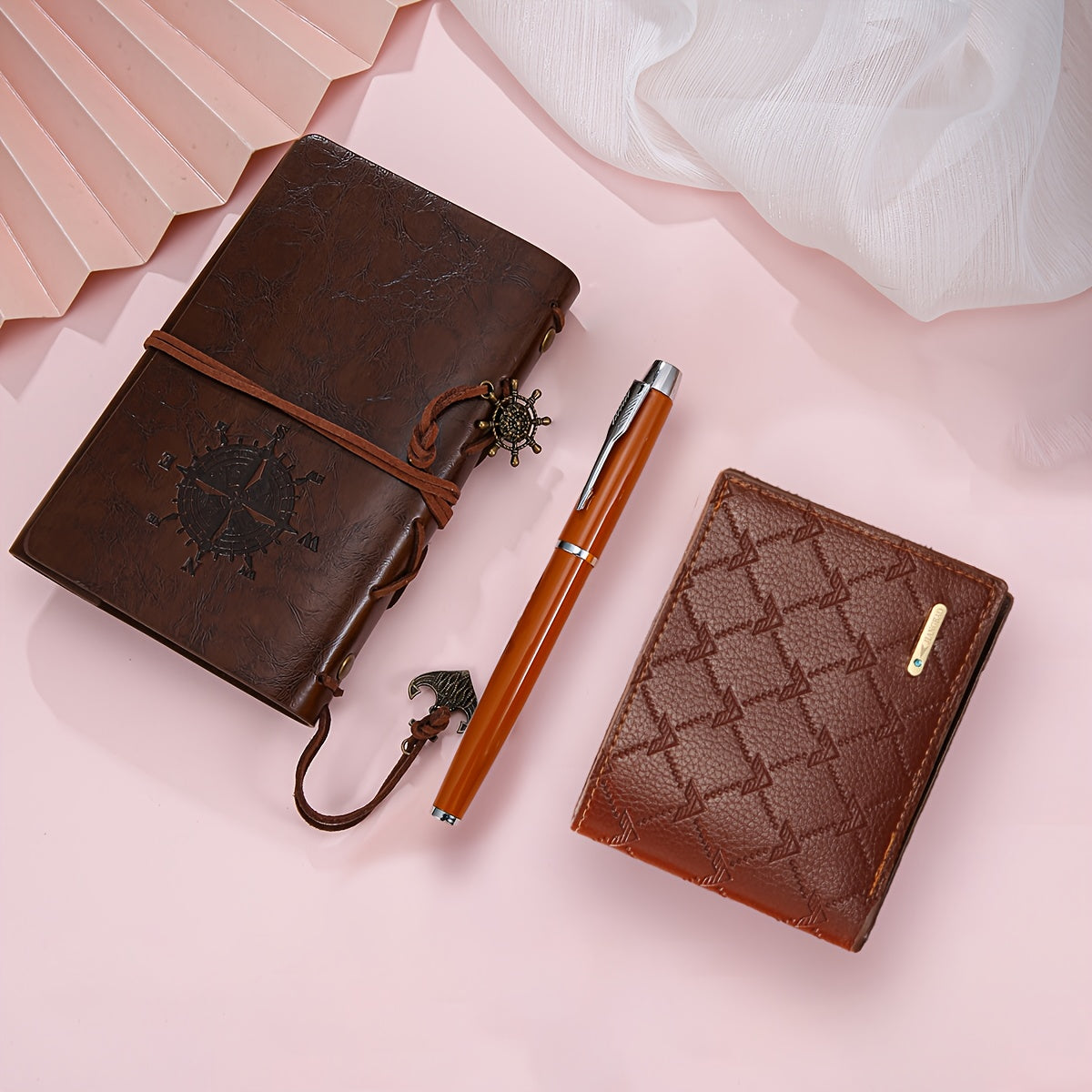 3pcs Wallet Set | Notebook + Bi-fold Wallet + Signature Pen | Casual Faux Leather, Light Brown Stripes | Ideal for Daily Use, Gifts for Men/Fathers on Valentine's, Christmas, Spring Festival