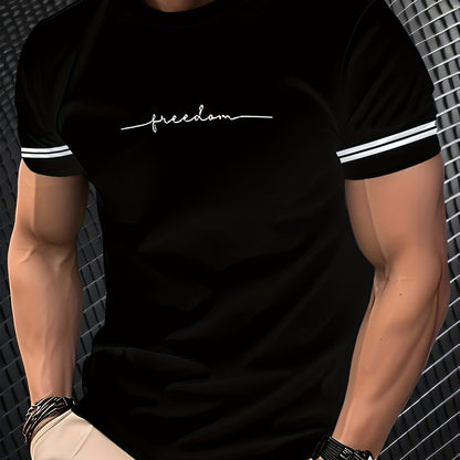 Men'S "Freedom" Graphic T-Shirt - Black Casual Crew Neck Tee with White Stripes, Breathable Polyester Blend, Regular Fit for Casual Attire, Everyday Tshirt   Bold Print Tee   Comfortable Fit, Knit