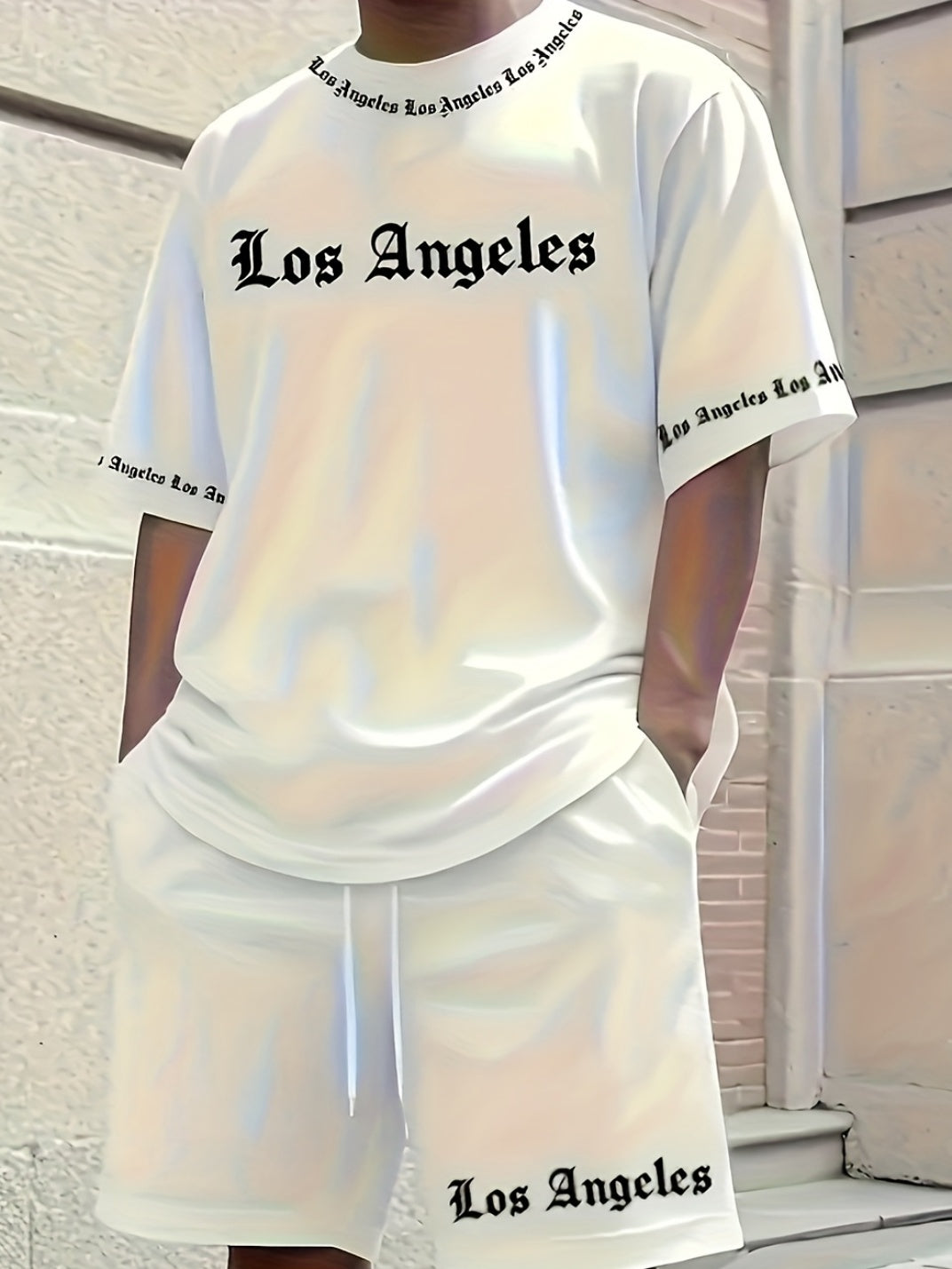 Los Angeles English Pattern Men's Short Sleeve Shirt + Casual Sport Set, Breathable Soft Summer Outfit with Pocketed Shirt and Drawstring Shorts