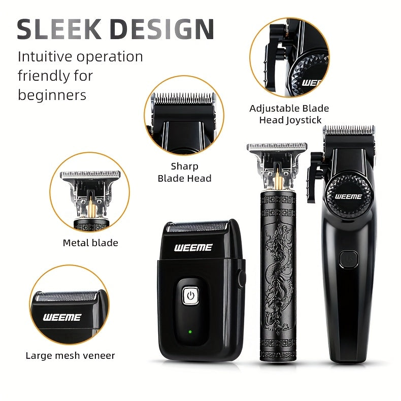 WEEME 3pcs/2pcs Hair Clippers for Men, All-in-One Grooming Gift Set, Professional Cordless Trimmer with T-Blade & Foil Shaver, LCD Display, Barber Kit for Men (Black) - ayq
