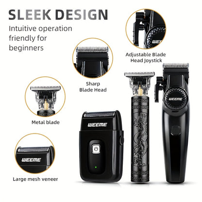 WEEME 3pcs/2pcs Hair Clippers for Men, All-in-One Grooming Gift Set, Professional Cordless Trimmer with T-Blade & Foil Shaver, LCD Display, Barber Kit for Men (Black) - ayq