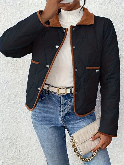 Women's Fashion Elegant Two-Tone Fabric Short Jacket, Color-Block Lapel Collar, Long Sleeve, Suitable for All Occasions, Autumn and Winter