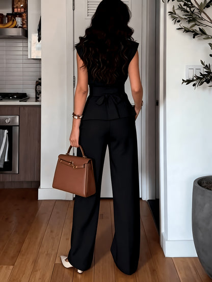 Women's Sleeveless Two-Piece Set with Bow Belt - Elegant Solid Color