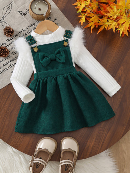 2pcs Baby Winter Outfit Set: Cozy Fluffy Sleeve Smock Dress & A-Line Bow with Collar & Fringe Trim - Soft Warm Clothes for Photoshoots, Christmas (Hand Washable), Perfect for Outdoor