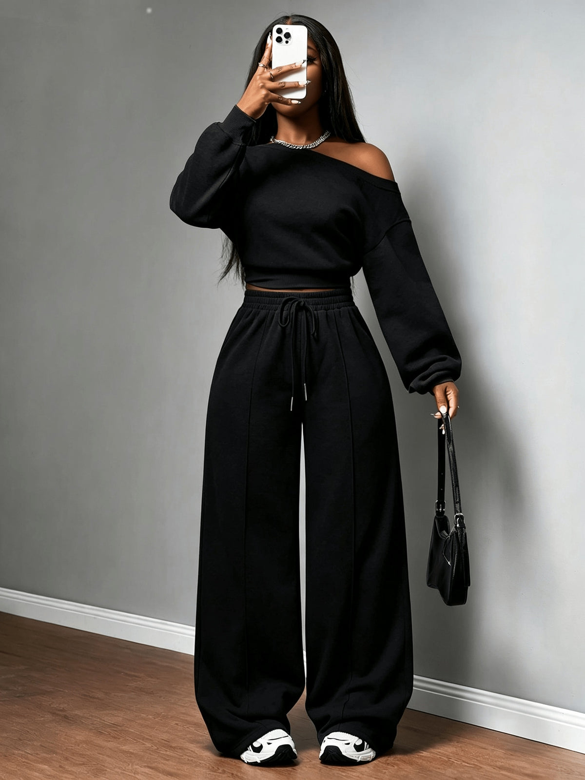 Women's Casual Off-Shoulder Sweatshirt & Wide-Leg Pants Set - ayq