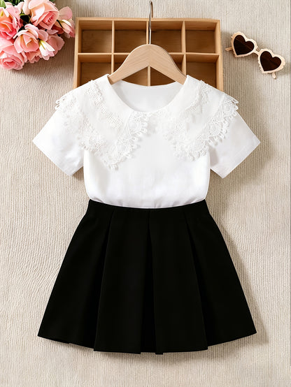 Girls' Summer Skirt Set with Lace Top & Pleated Skirt