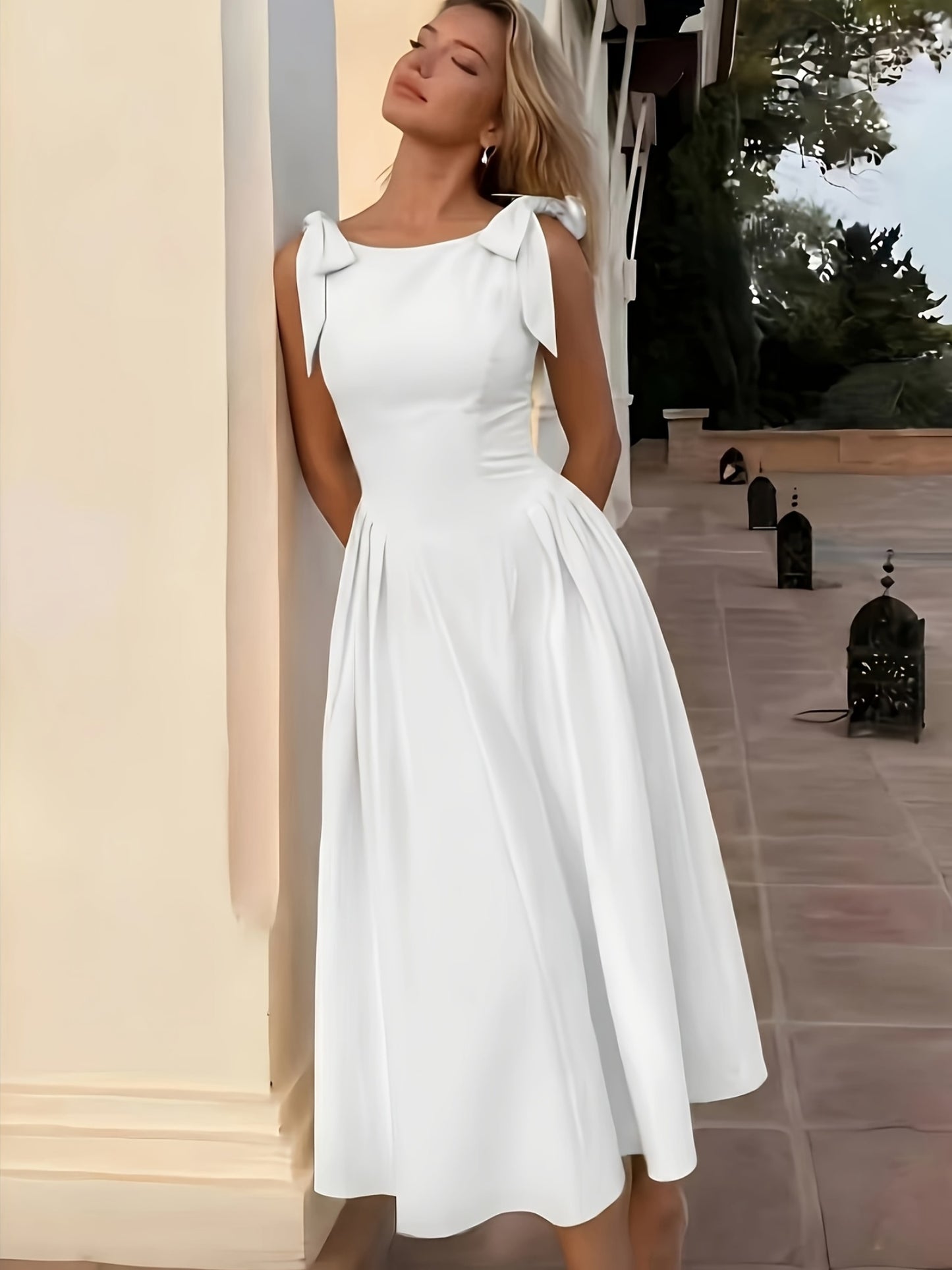 Elegant Women's Retro Fit and Flare Midi Dress with Bow Straps