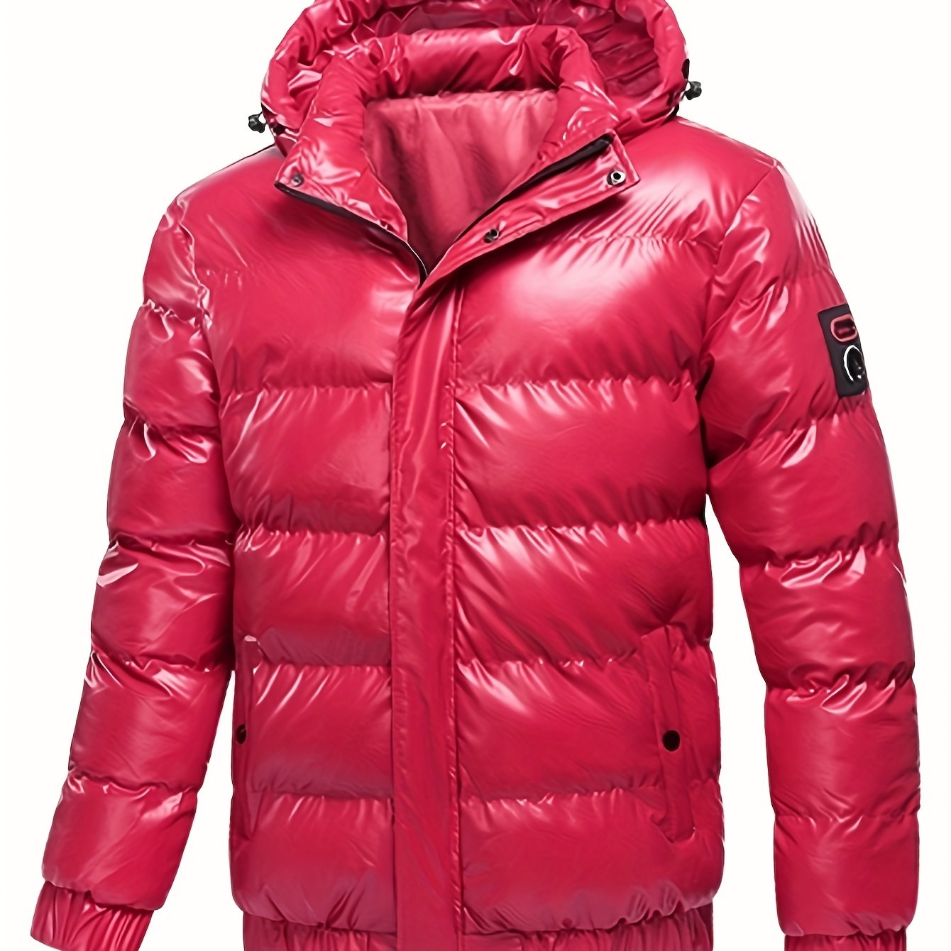 Men's Black Glossy Finish Jacket with Hood - Winter Coat, Zippered Pockets, Ribbed Cuffs & Waistband, Hand Wash Only, Regular Fit for Autumn & Cold Weather