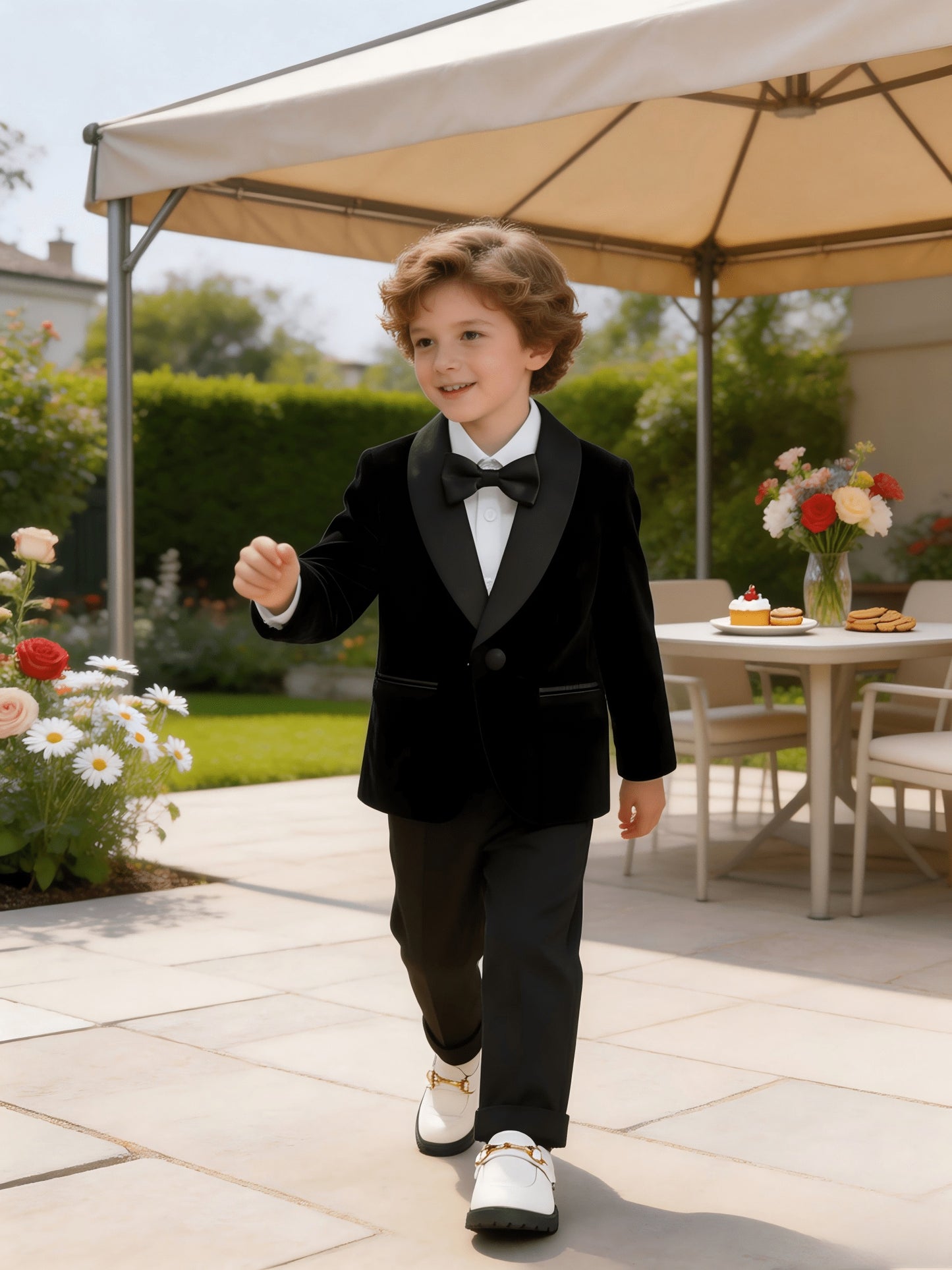 Boys Velvet Suit Set with Jacket, Trousers & Bow Tie - Formal Wear