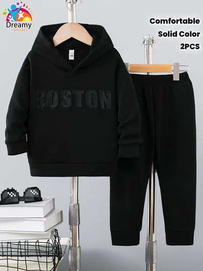 2pcs Set of 3D Embossed Letter Solid Color Thickened Hooded Sweatshirt for Autumn and Winter, Fleece-Lined Fabric with Comfortable Feel and Strong Warmth, Fashionable Versatile Unisex ' Hoodie with Round Neck Pullover, Perfec