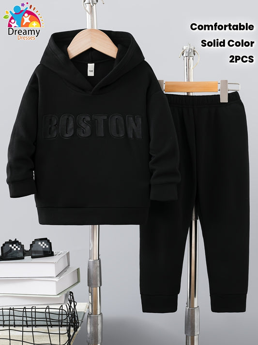 2pcs Set of 3D Embossed Letter Solid Color Thickened Hooded Sweatshirt for Autumn and Winter, Fleece-Lined Fabric with Comfortable Feel and Strong Warmth, Fashionable Versatile Unisex ' Hoodie with Round Neck Pullover, Perfec