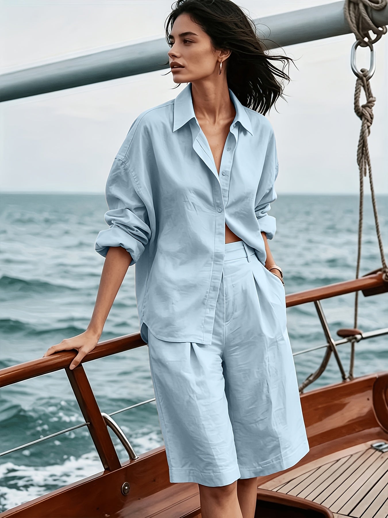 Women's Casual Polyester Button-Down Shirt & Shorts Set
