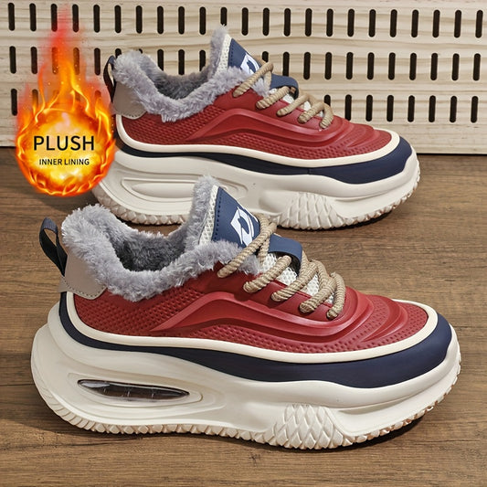 's Winter Snow Traction Shoes with -Like Collar - -Skid Low-Top, PU Upper & PVC Sole - Red/Navy/Beige/White Colorway for Ice Skating, Snow Walking, Casual Winter Wear (Warm Lace-Up Sneakers)