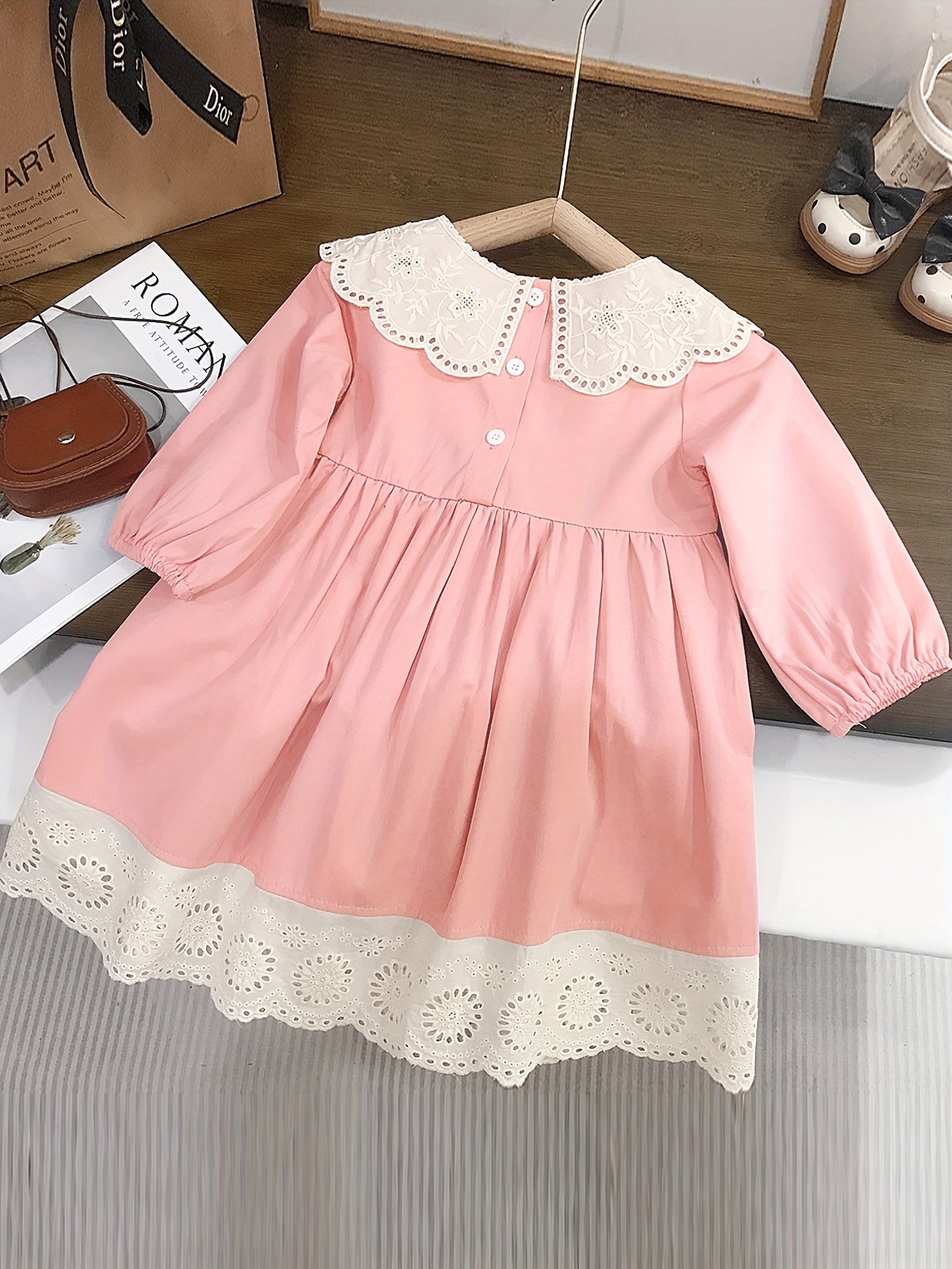 Girls' Spring/Fall Solid Color Cotton Dress with Lace Collar