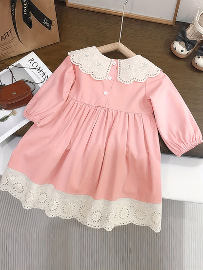 Girls' Spring/Fall Solid Color Cotton Dress with Lace Collar