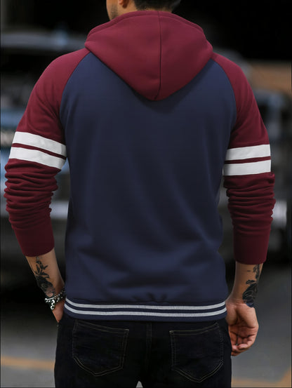 Men's 2025 Autumn East New Zipper Hoodie - Black & Grey Color-Block Contrast with White Piping, Full-Zip Closure, Chest Pocket & Adjustable Hood, Casual Streetwear for Teen Boys & Young Men, Durable Everyday Outerwear