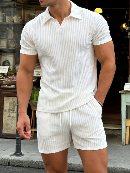 Men'S Textured Polo Collar Short Sleeve And Shorts Set | Breathable Elastic Comfort Top + Drawstring Waist Shorts, Versatile For Daily Commute, Running, And Casual Outings, Ideal For Spring/Summer/Fall - ayq