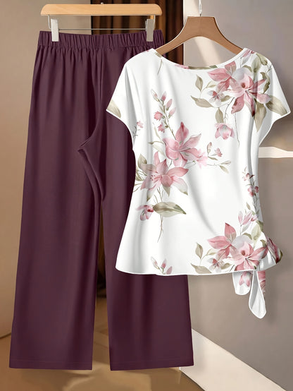 Women's Floral Bow-Tie Blouse & Loose Straight Pants Set