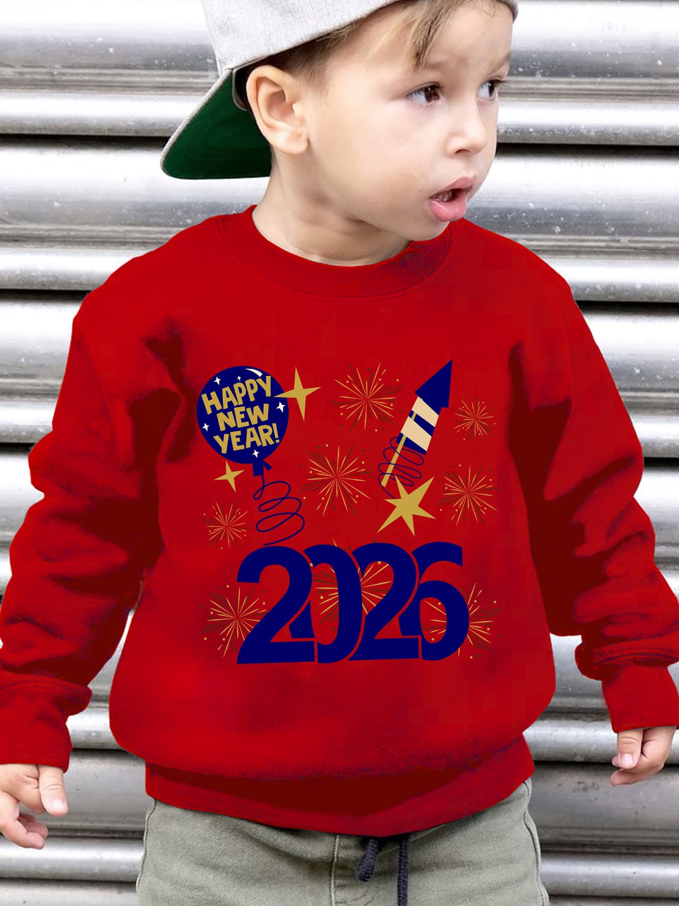 Boys' 2026 New Year Rocket & Fireworks Print Sweatshirt - Winter Warm Long Sleeve Sweater with 2026 Number Design, Casual Round Neck Pullover for Christmas & Parties ( to)