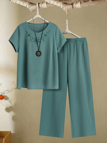 Women'S Comfortable Embroidered Short Sleeve T-Shirt and Pants Set - Casual Crew Neck, Straight Leg, Solid Color with Floral Design, Polyester Blend, Spring/Summer Collection