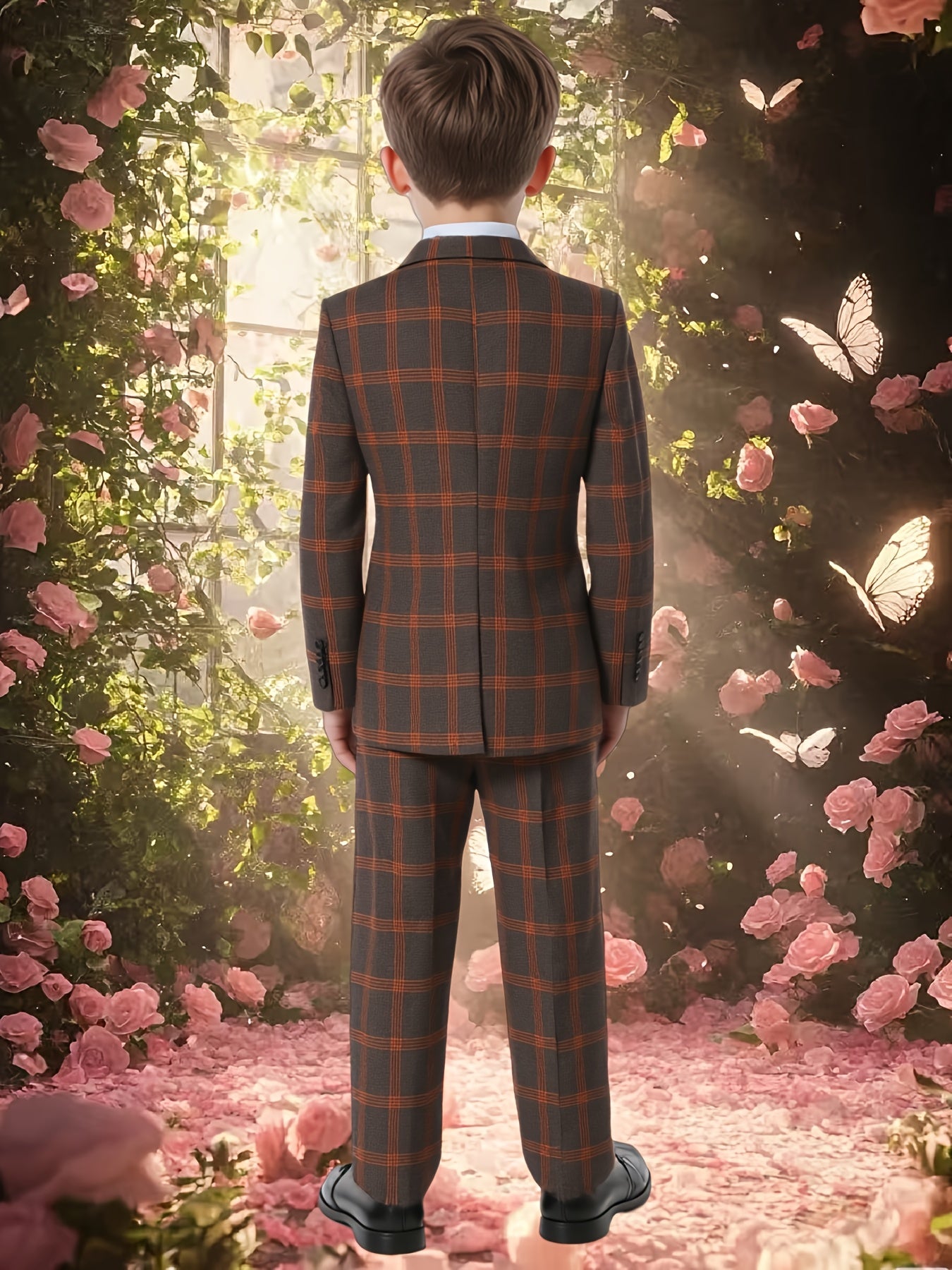Boys' Plaid Two-Piece Suit Regular Fit Business Casual