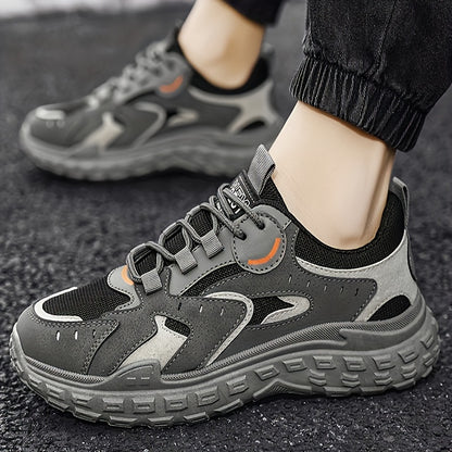 Men's Trendy Chunky Sneakers - Breathable Mesh  PU Upper, Durable PVC Sole, Lace-Up Casual Sneakers in Gray, Black  Orange, All-Season Comfort for Casual Attire