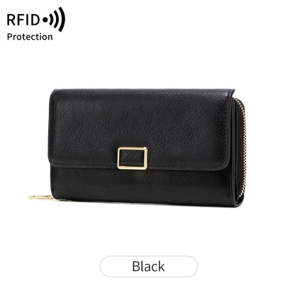 MIYIN Women's Vintage RFID Blocking Large Capacity Wallet with Wrist Strap - Tri-Fold  Handbag, Zipper Pocket & ID Slot, Multi-Card Holder (Credit/Debit) - Solid for Professional & Everyday Use