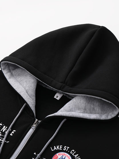 Men's Hooded Letter Print Tracksuit, 2pcs Casual Sports Set, Fashion Hoodie With Full-zip And Elastic-waist Pants, Regular Fit, Outdoor Cloth