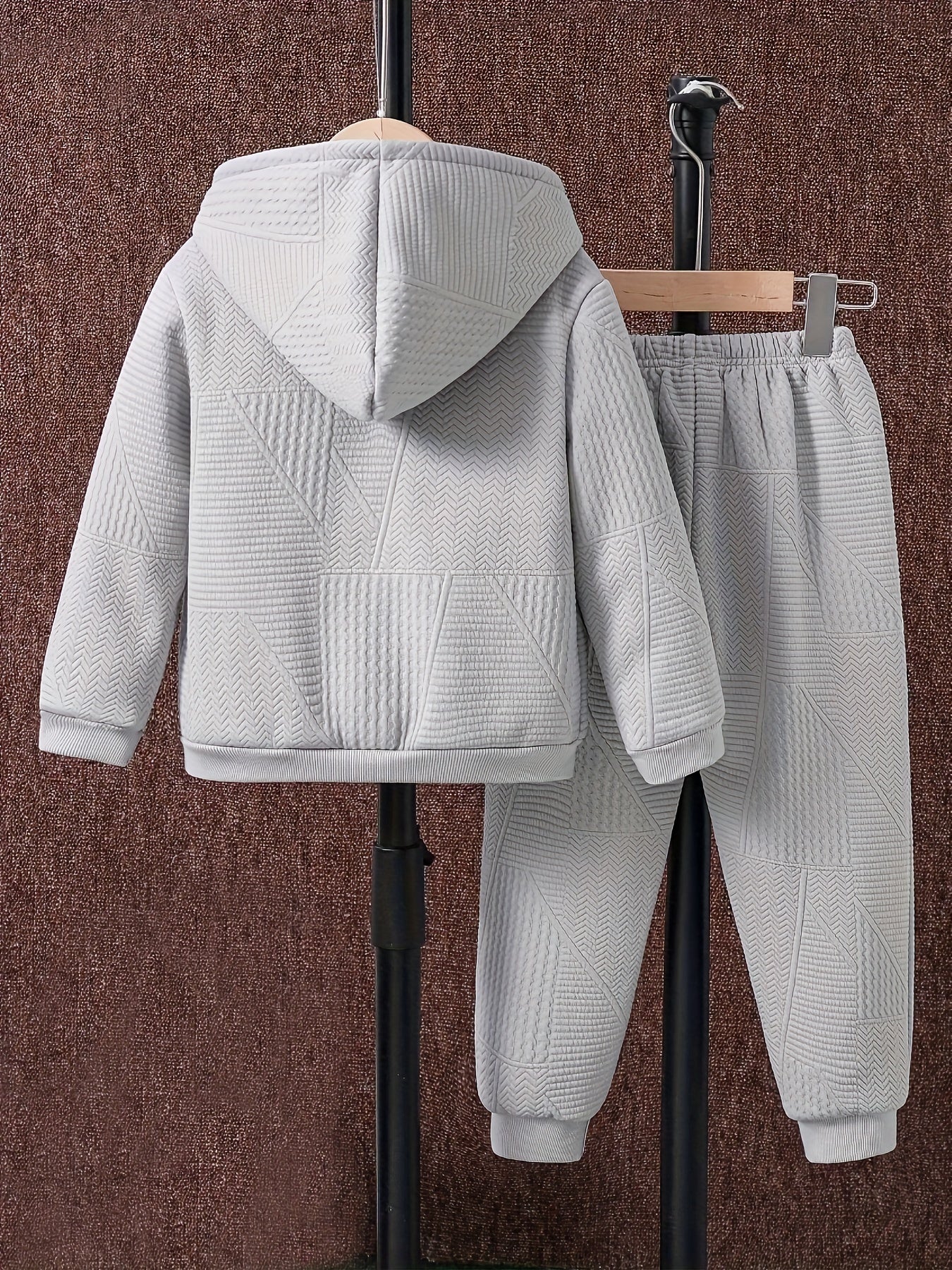 2pcs Boys' Casual Outfit Set, Long Sleeve Hooded Jacket with Embroidery and Zipper, Geometric Pattern Knit Pants, Polyester with Spandex Lining, Regular Fit for Autumn/Winter, for Outdoor