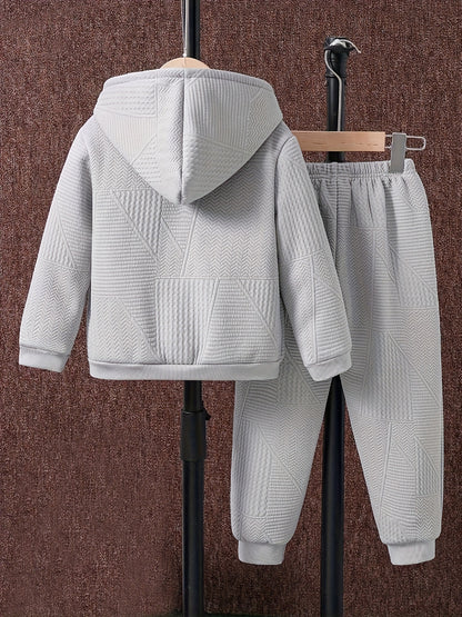 2pcs Boys' Casual Outfit Set, Long Sleeve Hooded Jacket with Embroidery and Zipper, Geometric Pattern Knit Pants, Polyester with Spandex Lining, Regular Fit for Autumn/Winter, for Outdoor