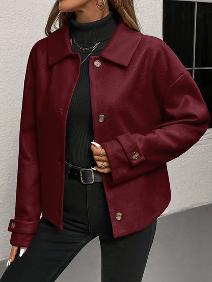Women'S Burgundy Coat - Structured H-Silhouette Blazer, Button-Front Closure, Non-Stretch Fabric for Fall/Winter, Office, Party, Everyday Outfits - Chic Outerwear Jacket, Party Attire, Asymmetric Hemline, Elegant Design