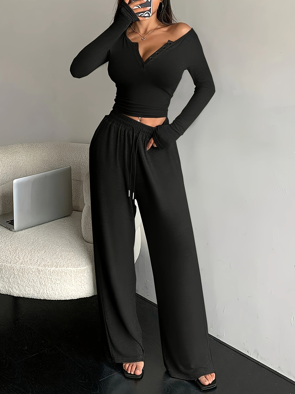 Elegant Fall/Winter Slim-Fit Cropped Top & Wide-Leg Pants Set - ayq
