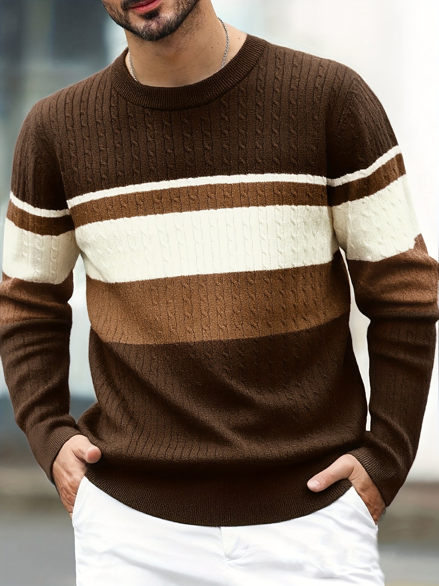 Men'S Pullover Knit Sweater for Autumn And Winter, Long-Sleeve Round-Neck Top for Men, Men'S Sweater, New Year Clothing, Men'S Autumn And Winter Sweater, Men'S Winter Sweater, Festive Attire, Men'S Party Outfit, Striped Sweat
