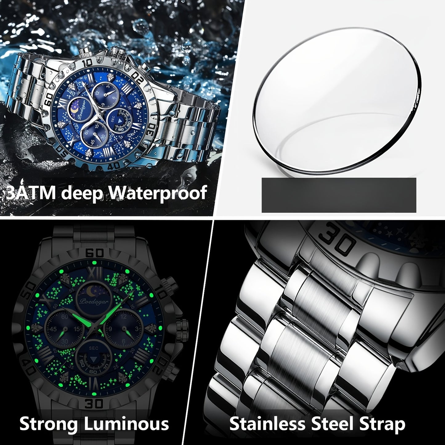 POEDAGAR Men's Casual Stainless Steel Quartz Watch with Calendar