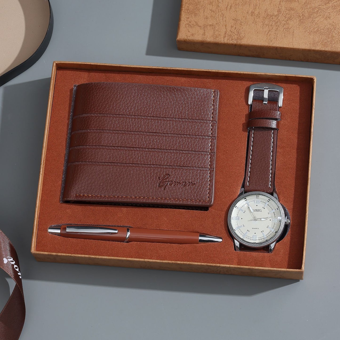 7pcs/set-Men's PU Leather Business Casual Watch Set (wallet + Belt + Keychain + Bracelet + Watch + Pen + Rosary), Minimalist Quartz Watch Set, Exquisite Watch Gift Box, Valentine's Day Gift Box.