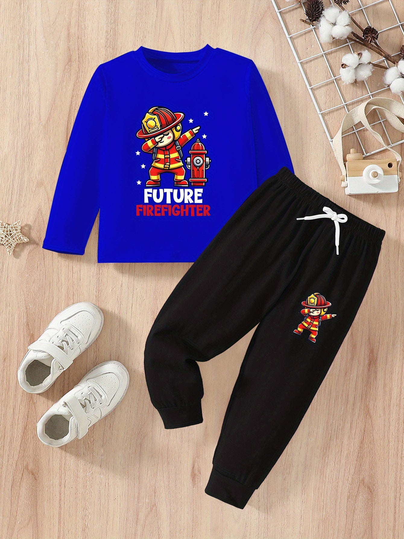 Boys' Firefighter Print Cotton Fall Winter Set, Long Sleeve & Pants