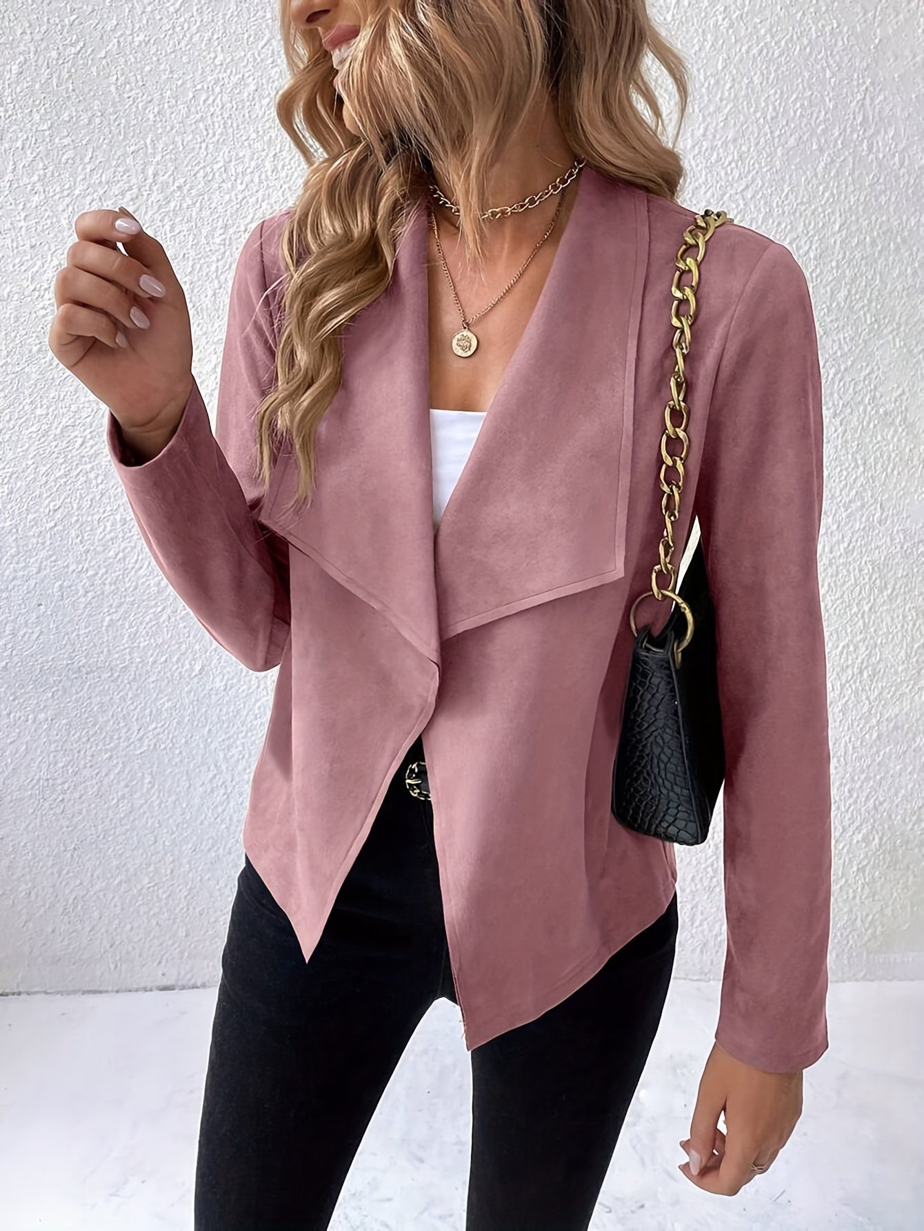 Plus Size, Olive Green Faux Fur Lapel Blazer - Stretchy Polyester Casual Jacket with Golden-Tone Chain Strap Shoulder Bag, Machine Washable Fall/Winter Outerwear for Women